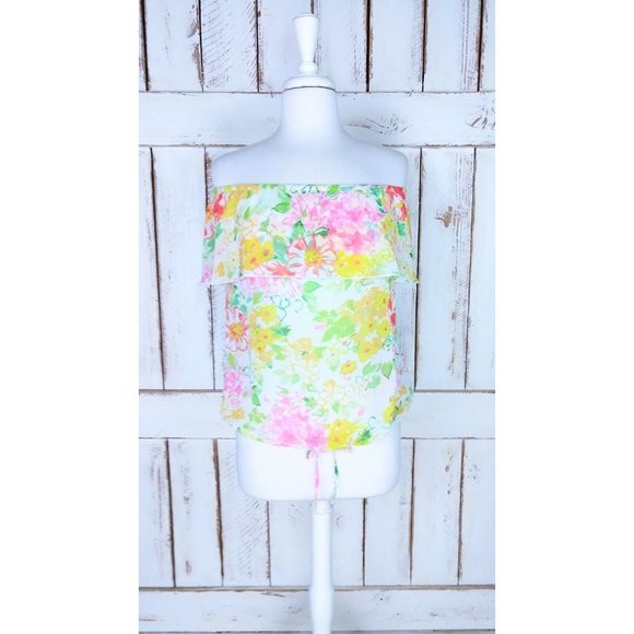 90s sheer yellow floral off the shoulder Tommy Jeans top - Picture 4 of 5